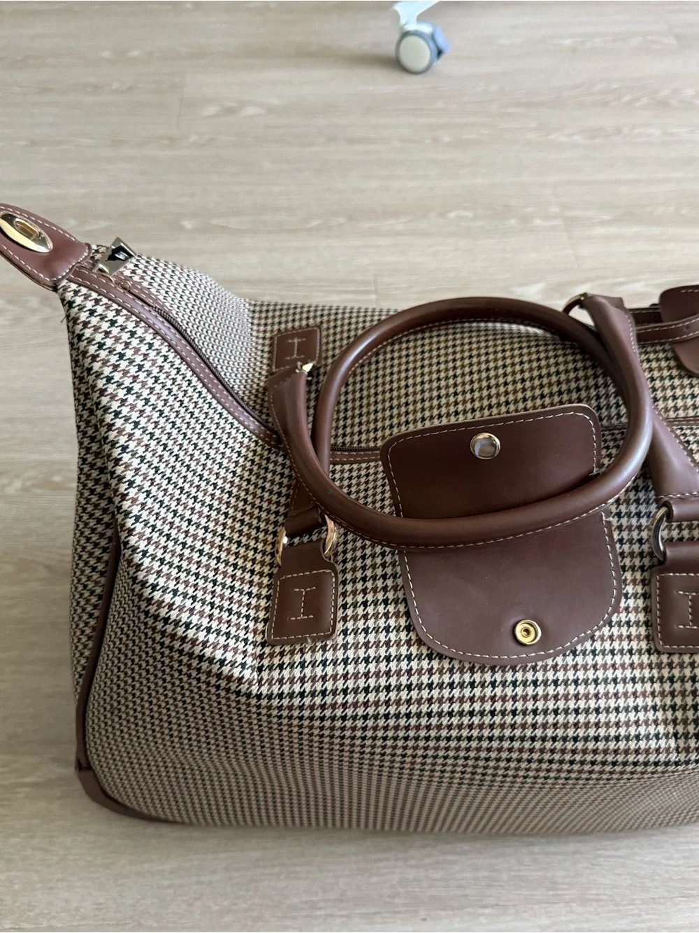 London Fog Brown Houndstooth Tote with Brown Leather Trim